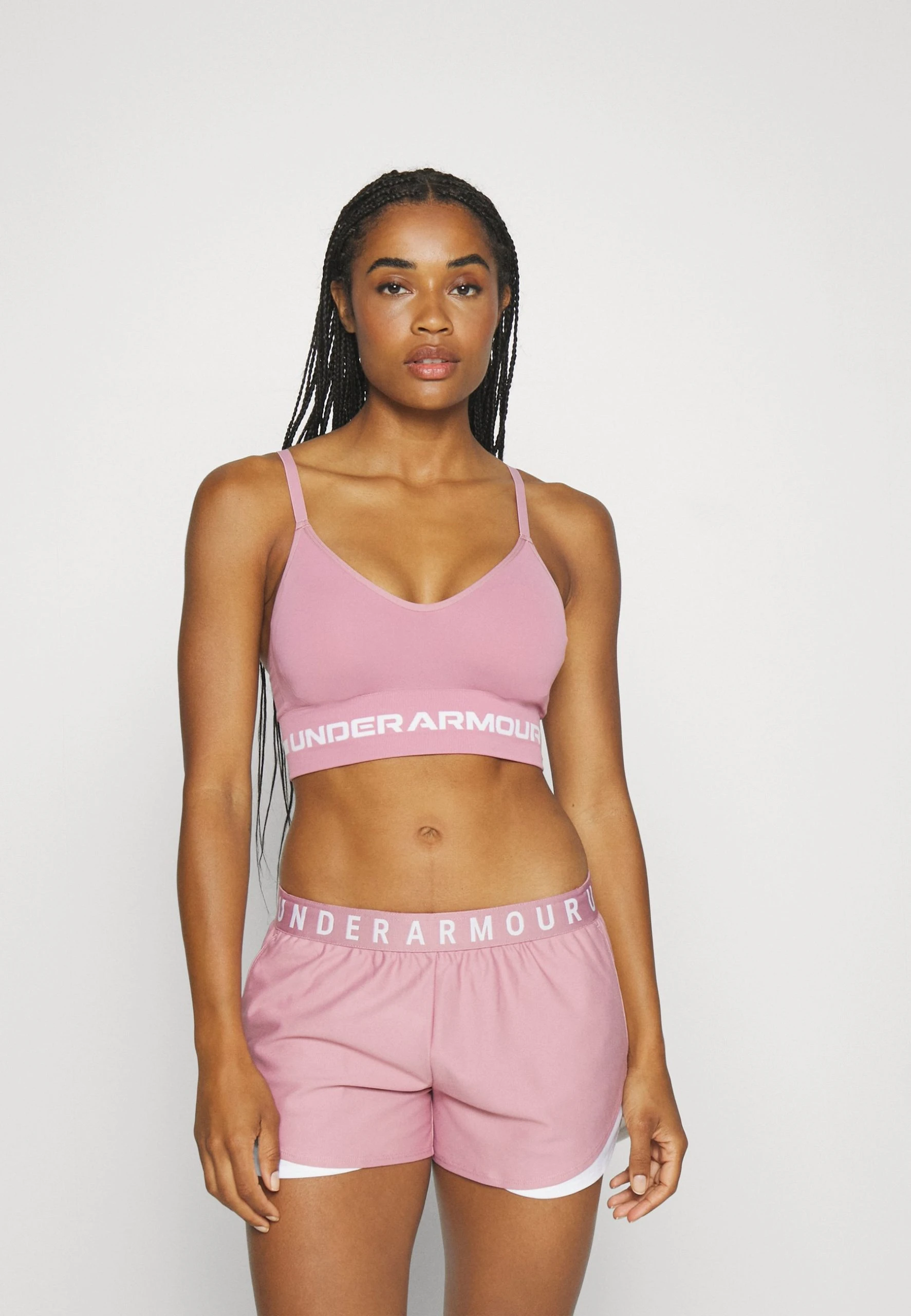 Under Armour SEAMLESS LOW LONG BRA - Stanik Sportowy Z Lekkim Wsparciem - Pink Elixir / Pink Elixir / White - obrazek 3